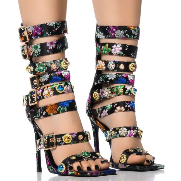 Floral Multi-Color Strappy Heels - Picture 3 of 14